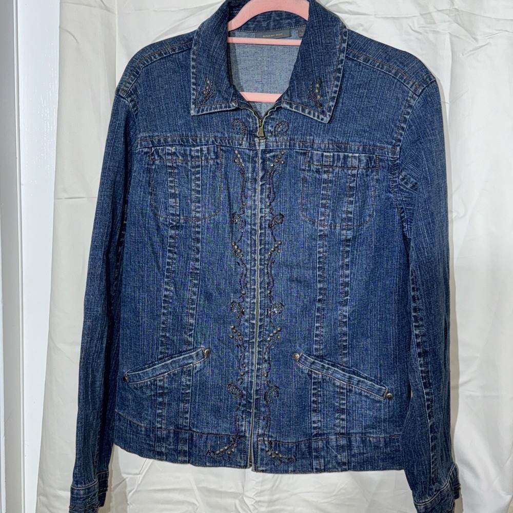 Amber Sun Blue Jean Denim Jacket Medium Fancy Beaded Trim zip up size large
